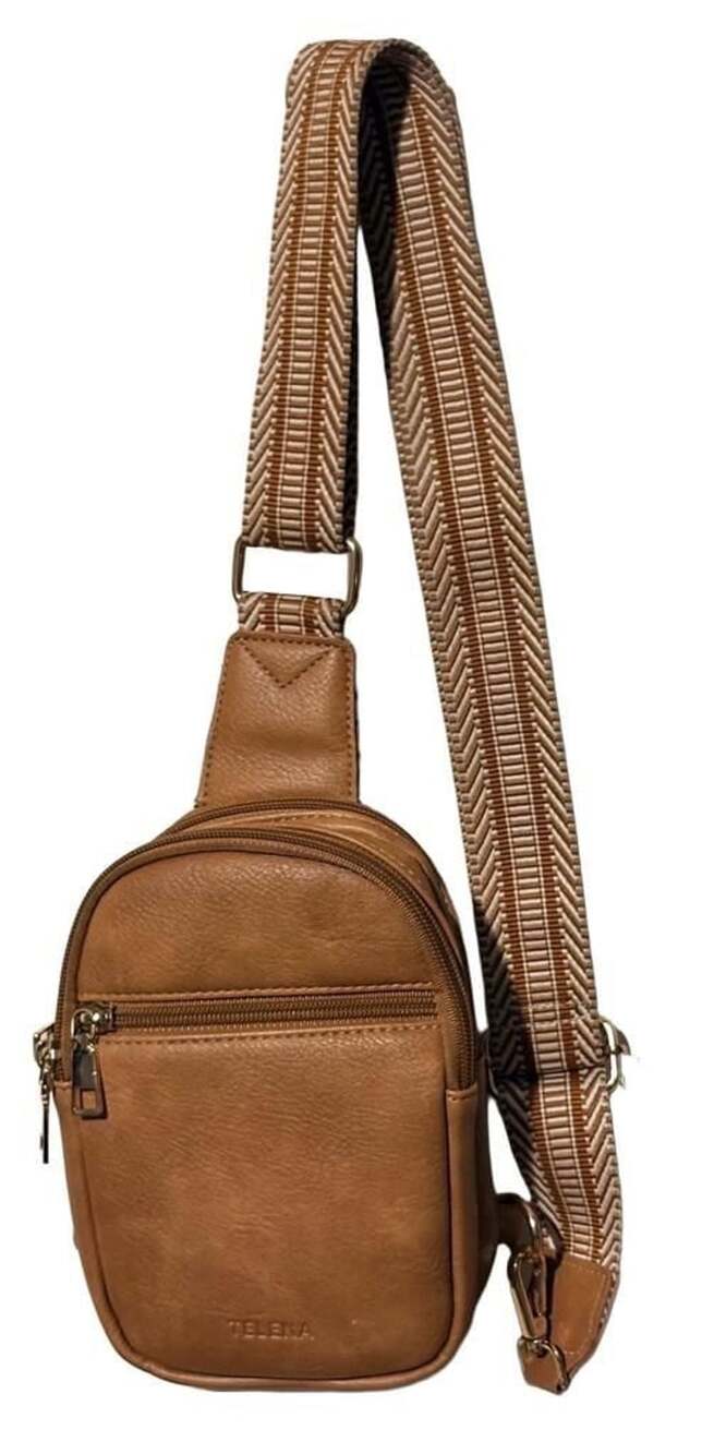 Telena Sling Vegan Leather Shoulder Bag Brown With Patterned Strap